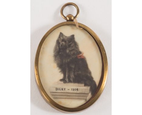 English School early 20th Century-
A miniature portrait of a black collie dog called Dicky:-
dated 1914, on ivory, oval 5.2cm