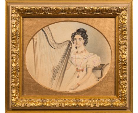 English School Circa 1826-
A portrait of Mrs Sarah Prior [nee Newcombe] [1800-1875], playing a cello:- half-length seated wit