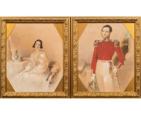R. E. Forte [19th Century]-
A portrait of an Infantry Officer:- three-quarter length standing in red tunic and holding a swor