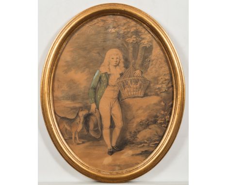 English School 18th Century-
A portrait of Thomas Kidson as a boy:- full-length standing in a landscape with a cage of doves 