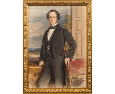 Charles Jones Basebe [1818-1880]-
A portrait of a young man, three-quarter length standing:- in an interior, with short dark 