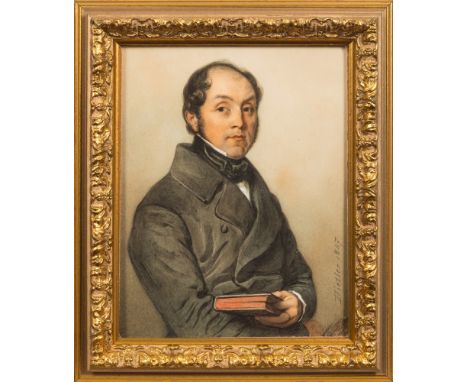 Attributed to Jacob Diezler [1789-1855]-
Self-portrait:- half-length, with dark hair, wearing a black coat and holding a book