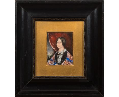 German School mid 19th Century-
A miniature portrait of a lady:-
bust-length in an interior, with straight dark hair and wear