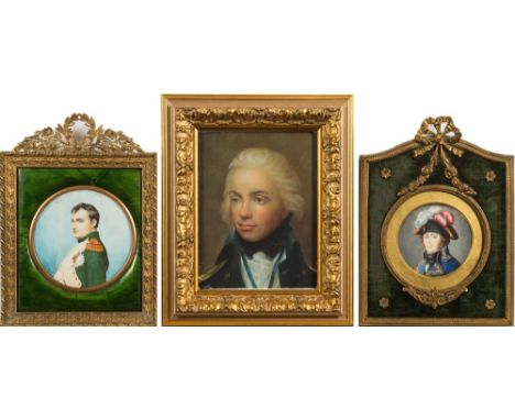 After Lemuel Francis Abbot-
A portrait of Horatio Nelson:-, head and shoulders
on metal, 12.5 x 9.5cm, together with a miniat