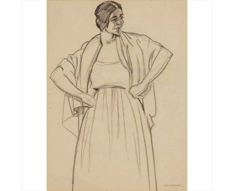 § IAIN MACNAB (BRITISH 1890-1967) SKETCH OF A CONFIDENT WOMAN Signed, charcoal on paper (Dimensions: 36.5cm x 27cm (14.5in x 