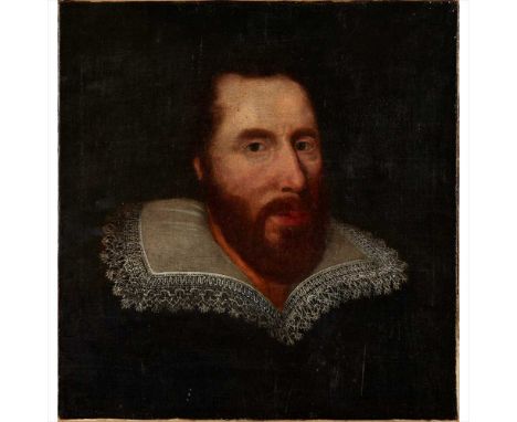 17TH CENTURY BRITISH SCHOOL PORTRAIT OF GENTLEMAN WITH RUFF Oil on canvas, unframed (Dimensions: 46cm x 44cm (18in x 17.25in)