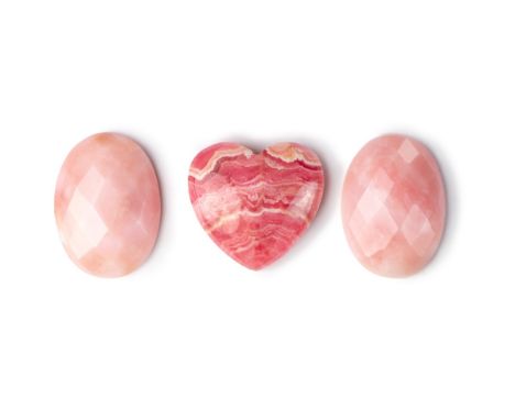 A set of three precious pink gemstones, two is  oval-shaped rose quartz/opal, one is heart-shaped  pink rhodochrosite. 16g TO