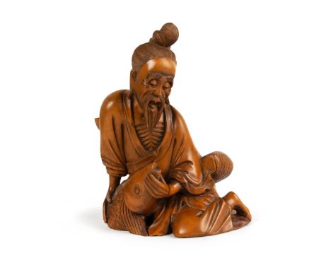 Chinese boxwood carved happy old fisherman hold  fish figures statue. H:8in(20.2cm) W:6in(15.2cm)