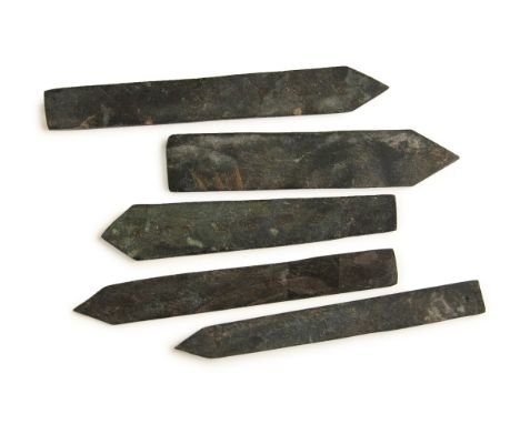 A set of five Chinese Warring states style jade  pieces of ceremonial ablets with old script. Total Weight: 100g L:4 7/8in(12