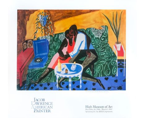 A poster of "The Lovers" originally painted by  Jacob Lawrence, which depicts a couple hugging  each other on a sofa, ashtray