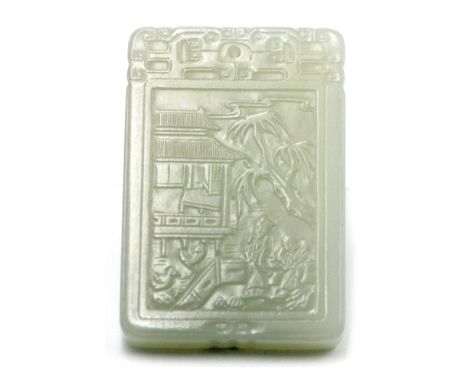 Beautiful jade carved plaque of icey green color.  Depiction of a scholar and his servant outside  their home and a poem on t