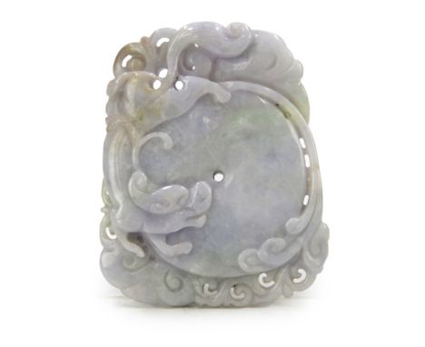 This jade piece features a bat and a chi dragon  encircling a bi disk among the clouds. CONDITION 102g D:3in (7.62cm)