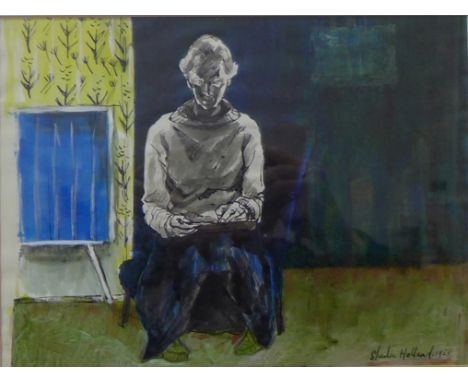 Sheila Holland, portrait of an art student, watercolour and ink, 21 x 29cms, dated 1958, framed