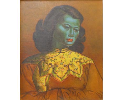 A. Pawley, female half portrait in the manner of Tretchikoff, oil on board over print, 59 x 49cms, framed