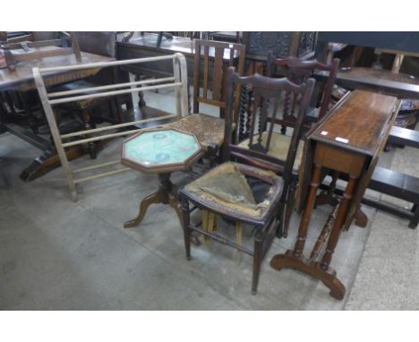 A Victorian mahogany Sutherland table, a towel rail, a mahogany tripod table and three chairs