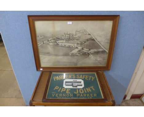 A Parkers Safety Pipe Joint advertising sign and a print of the factory