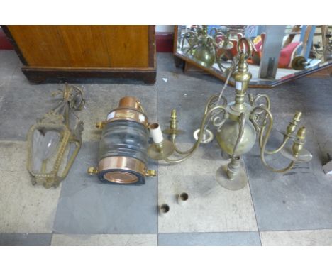 A copper ship's lamp, Dutch brass chandelier and one other