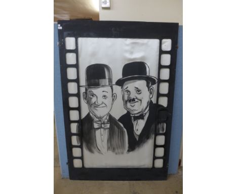 A portrait of Laurel and Hardy, 1960's cinema art panel, painting on silk