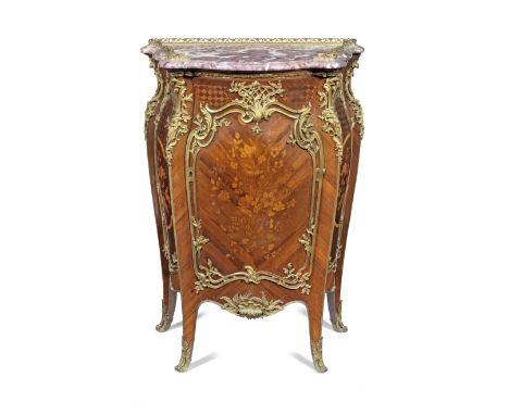 A French late 19th century ormolu mounted kingwood, bois satine, amaranth, marquetry and parquetry bombe serpentine hauteur d