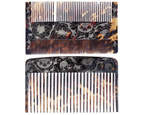 A rare late 17th century Jamaican colonial engraved tortoiseshell wig comb case containing two combsinscribed and dated 'Sara