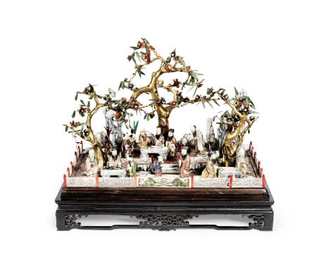 A fine late 18th / early 19th century Chinese export carved ivory and hardstone diorama of figures in a terraced gardenQing d