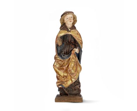 Attributed to Michael Pacher (German, circa 1435-1498): A carved wood and polychrome and parcel gilt decorated figure of a ma