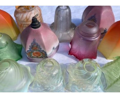 A collection of 14 early 20th cent lamp shades to include vaseline glass shades  All in good condition