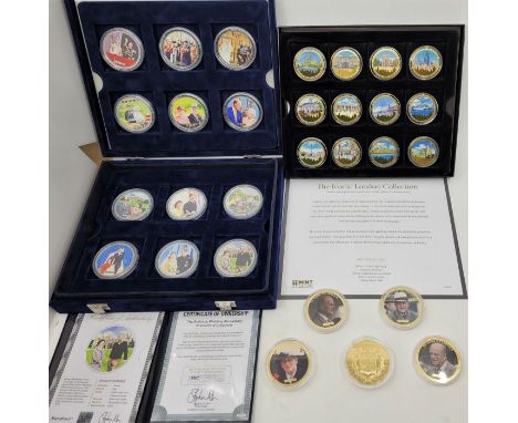 "The Iconic London Collection" commemorative coin collection, Westminster, 12 x 24ct. gold plated enamelled coins with pictor