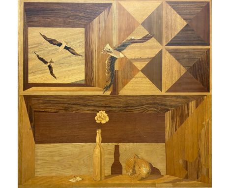 A mid-century marquetry panel with varying perspectives depicting seagulls in flight to the upper half above a flower, bottle