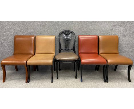 Four matched leather dining chairs, probably Decca, and one other contemporary 19th century style chair with a vasiform splat