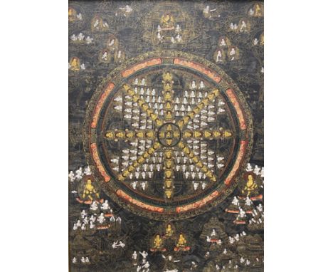 A 20th century hand painted Tibetan thangka mandala on canvas laid board of Heaven and Earth depicting various Buddhist deiti