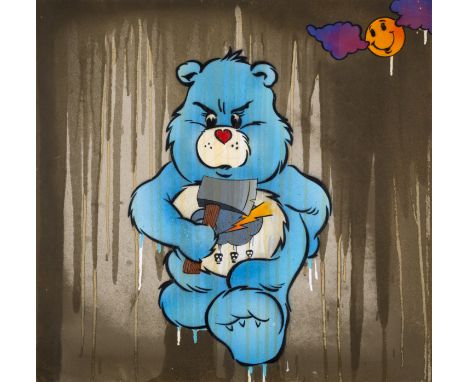 Ben Eine (b.1970)Care Bear With Axe (Blue) (unique)Acrylic with spraypaint on canvas, 2007, signed, titled and dated in ink v