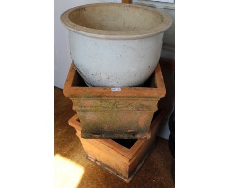 A PAIR OF SQUARE TERRACOTTA PLANTERS &amp; a large Oriental design circular planter 