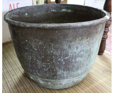 A 19TH CENTURY RIVETED COPPER GARDEN PLANTER with pleasing verdigris patination (the base drilled for drainage) 