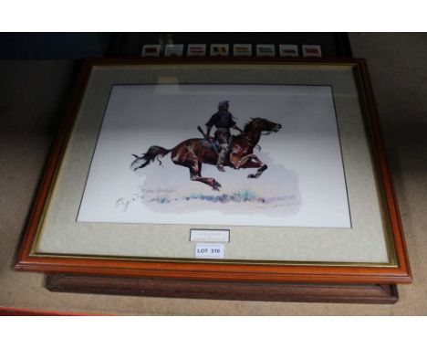 A MOUNTED GLAZED &amp; FRAMED SET OF PLAYERS CIGARETTE CARDS on world wide military subjects, together with a framed print of
