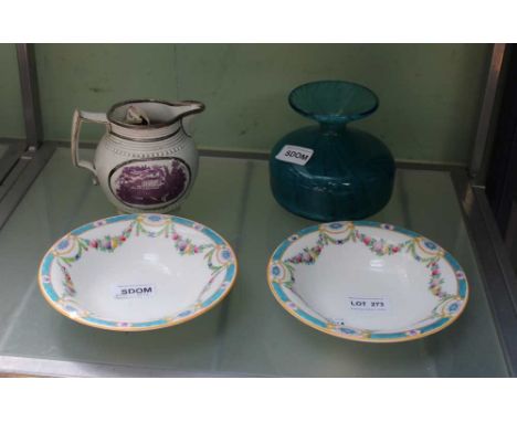 A PAIR OF ROYAL WORCESTER FLORAL GARDEN BOWLS together with a Medina squat glass vase &amp; a 19th century silver lustered ju