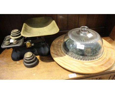 A SELECTION OF VICTORIAN DESIGNED SCALES &amp; WEIGHTS, together with a large wood &amp; marble based cheese dish with glass 