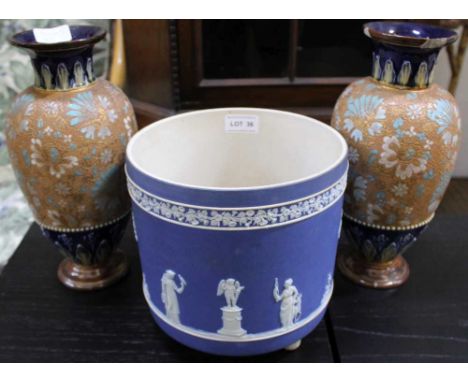 A WEDGWOOD BLUE JASPERWARE 3 LEGGED PLANTER with typical classical frieze together with a pair of Doulton Slaters patent vase