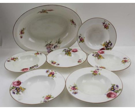 A ROYAL WORCESTER BONE CHINA DESSERT SET, floral posy decoration, comprising six dessert bowls, 15cm in diameter and an oval 