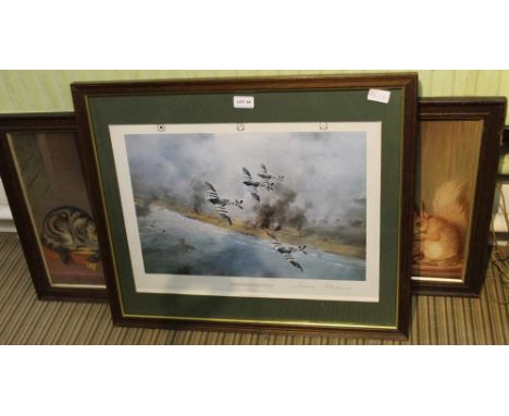 A COLOURED RAF PRINT BY ROBERT TAYLOR, signed by Johnny Johnson, together with two Victorian lithographic prints in period oa