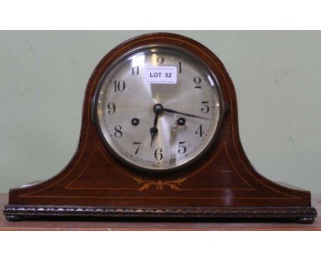 AN EDWARDIAN INLAID MAHOGANY NAPOLEON HAT STYLE MANTLE CLOCK 