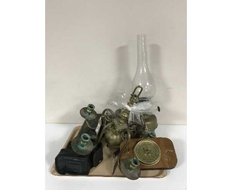 A tray of brass light fitting, brass oil lamp, assorted cameras, vintage surgical dressing tin, barometer etc 