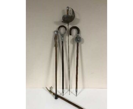 A fencing foil, two shooting sticks, bone handled walking stick and one other (5)