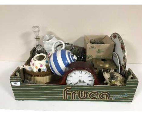 Two boxes of china, mantel clock, glass ware, Golly, inspection lamp, spot lamp etc 
