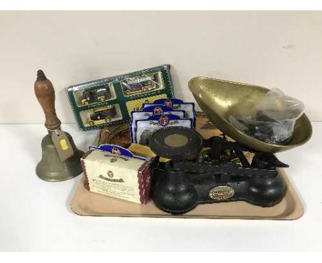 A set of vintage Salter scales with weights, hand bell, serving tray, die cast vehicles etc 