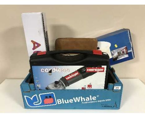 A box of TV bracket, paper shredder, Alba sound bar, boxed cordless Heiniger clipping machine 