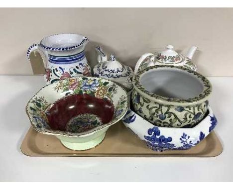 A tray of Maling Peony rose bowl, willow pattern bowl, Ringtons teapot, Paragon Country Lane teapot etc 