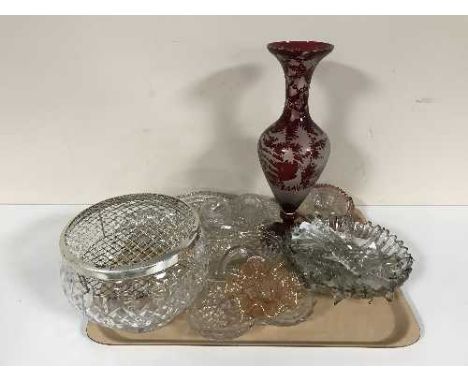 An antique ruby tinted Bohemian glass vase with wheel etched decoration, a/f, together with a tray of various cut and pressed