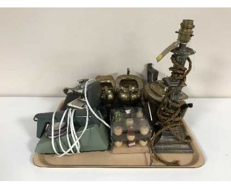 A tray of three piece plated tea service, plated table lamp, lighters, telephone etc 