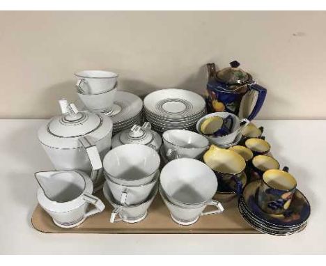 A tray of Tunstall pottery coffee service and a white & silver tea set 